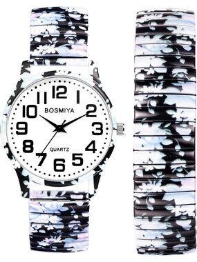 Womens Black And White Analog Number Elastic Stretch Band Bohemia Bracelet Watch